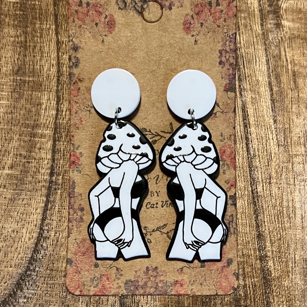 Unique Black and White Sultry Burlesque Pinup Acrylic Mushroom Earrings